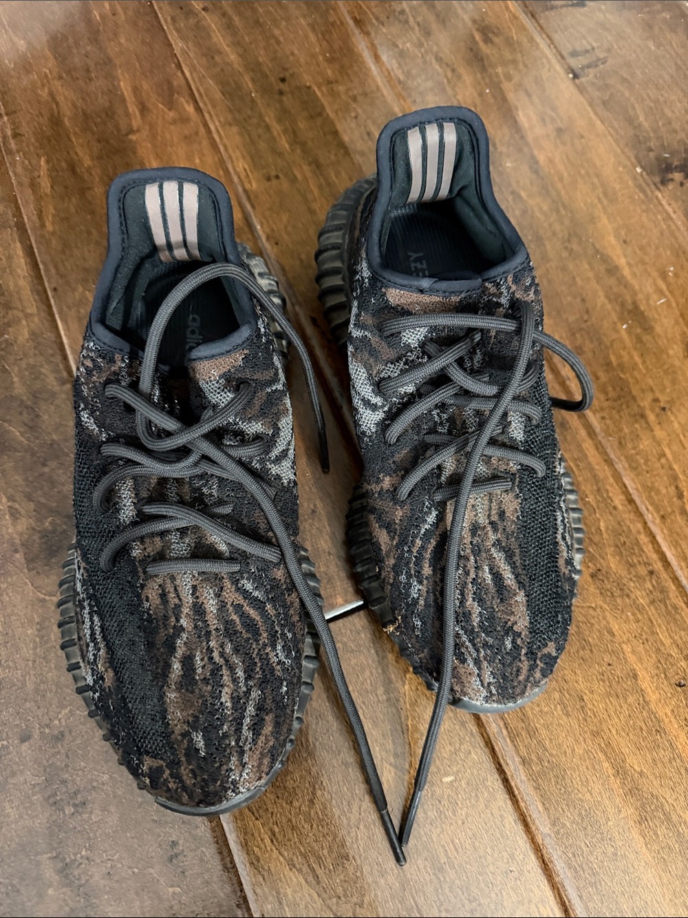 Yeezy Boost 350 V2 Black and Brown Patterned Athletic Sneakers